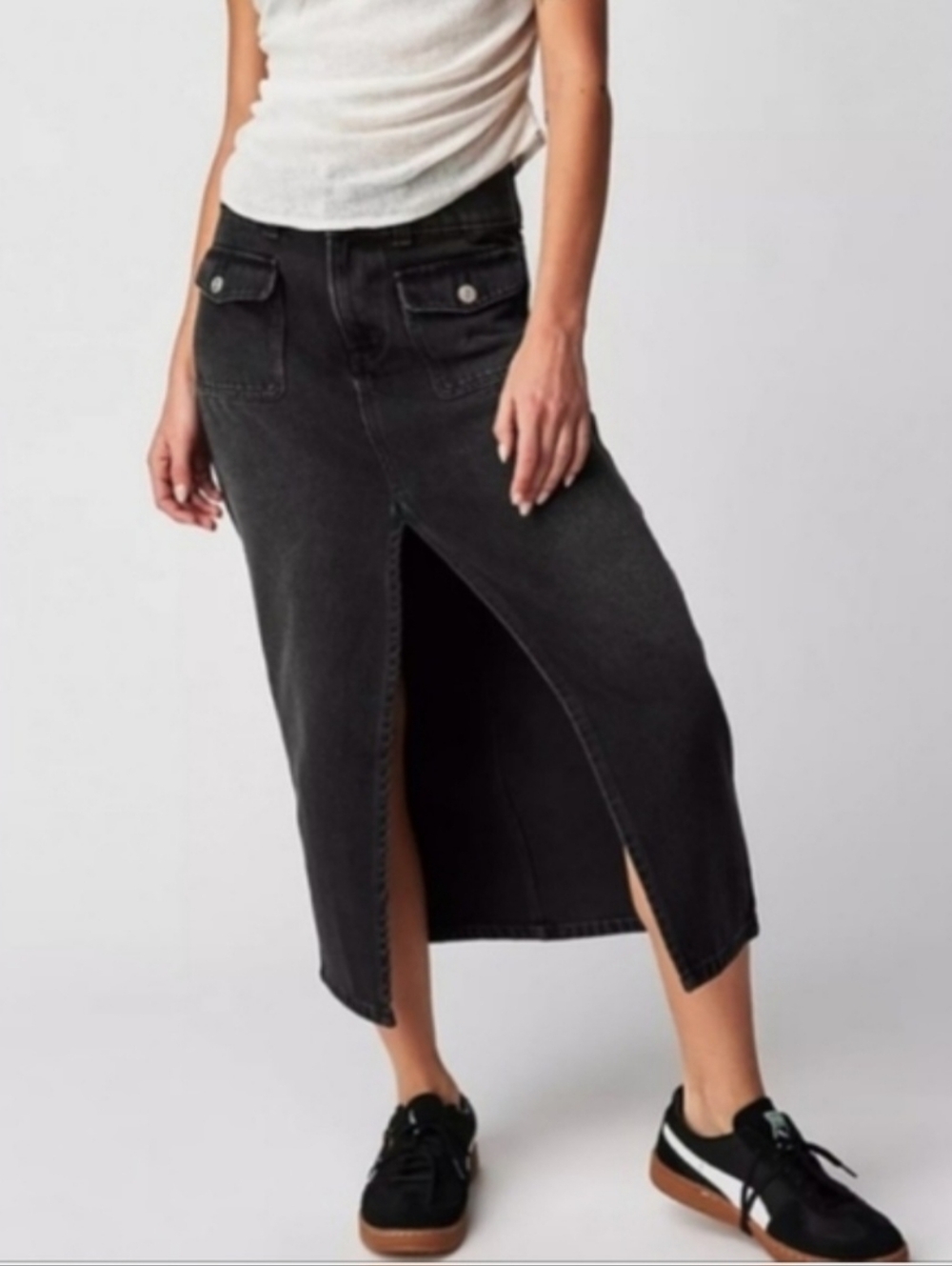 NEW We The Free Black Denim High-Rise Madison Midi Skirt With Front Slit NWOT